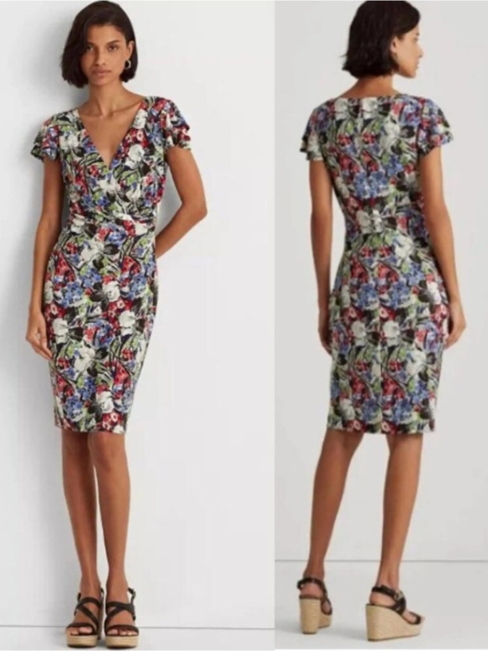 Lauren Ralph Lauren Floral Flutter-Sleeve Surplice Dress Garden Floral 0P